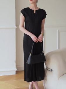 1530 [Excluding Belt] Miyake Pleated A-Line Dress Commuter V-Neck Wrap Sleeve Summer Skinny Dress One Size (45-75kg)