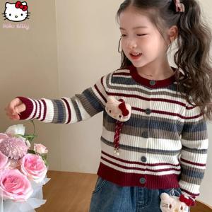Christmas Gift Halloween Kawaii Childrens Hello Kitty Striped Cardigan Sanrio Autumn New Soft Jeans Cartoon Anime Girl Casual Costume Christmas Gifts