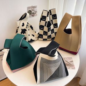 WRAPPER PRIVATE26WR6 Plaid Niche Design Shopping Bags Shoulder Bag Women Girls Knit Handbag Knot Wrist Bag Tote Bag Handmade