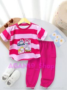 setelan anak perempun model salur motif boneka usia 1 tahun sampai 6 tahun