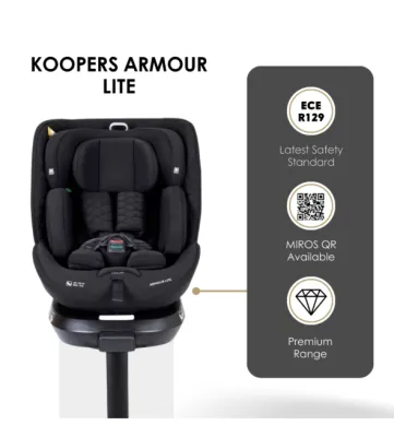 Koopers Armour Lite 360 Baby Car Seat ECE R129 Approved Carbon Black Free Car Seat Protector and Sunshade