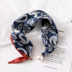 LUXURYLYN Pearl Buckle Silk Scarf Thin Printed Neck Scarf Fashion Lightweight Neckerchief Women