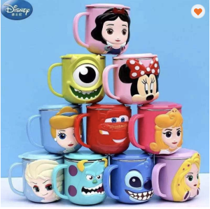 3D Cartoon Character Stainless Steel Milk/Water Cup with Lid - 270ml Capacity, Leak-Proof, Vacuum Insulated, Easy-to-Hold Handle, ABS Material - Featuring Elsa, Sleeping Beauty, Cinderella, Snow White, Rapunzel, Stitch, L. McQueen, Disney Cup for Kids, Temperature Resistant (-10°~+100°)