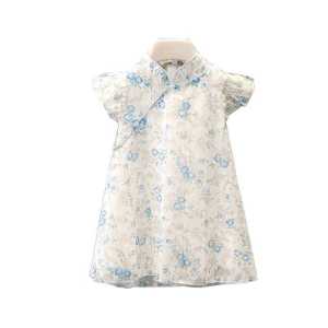Girls Cheongsam Princess Chinese Dress Summer Wear Cotton Linen Skirt Children Baby