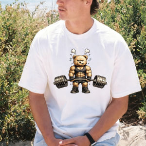 [Local Stock] VCC Cartoon Bear Barbell Fitness Gym Strength Weightlifting GYM Tshirt Casual Fashion Loose Harajuku Crew Neck Short Sleeve T-shirt