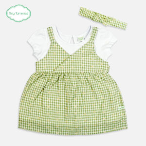 Tiny Tummies Dress with Headband Set Margarita Green & White Checkered Pattern (DRH-W 6116 MD)