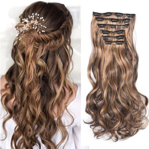 Hair Extension Human Hair Washable Long Clip Natural Clip In Hair Extension 20Inch 16 Clips Long Synthetic Hair Heat Resistant Hairpiece Natural Wavy Ombre Hair Piece 6Pcs/Set