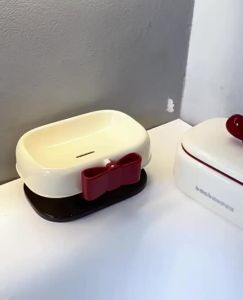 Cream Soap with Red Bow Drain Soap Holder Bathroom Soap Dish with Lid / Open Type Large