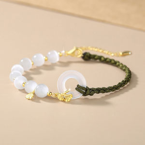 Safe buckle jade sterling silver 925 bracelet female China-Chic light luxury cats eye stone apricot leaf hand ornament lucky hand rope