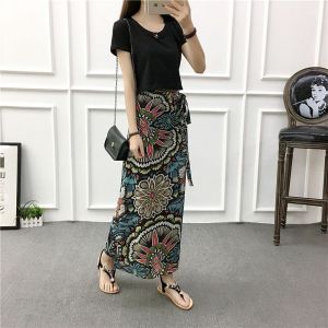 One Piece Lace Up Floral Chiffon Skirt for Women Summer New Vacation Mid Length Loose Beach Skirt