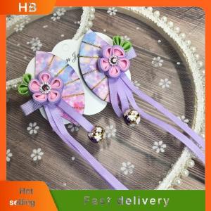 HB Japanese Kimono Fabric Flower Folding Fan Children Hair Accessories Clip Tassel Headwear Headdress Barrette