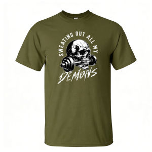 [Local Stock] HBESTY  Vintage Skull Dumbbell Print T Shirt Men Sweating Out Demons Inspirational Gym Slogan Minimal Fashion All Match Street Tops