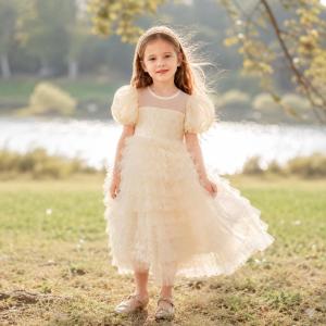 Girls Princess Dress Cream White Tulle Birthday Party Dress Kids Puff Sleeve Flower Girl Gown Wedding Performance Dress 90-140cm