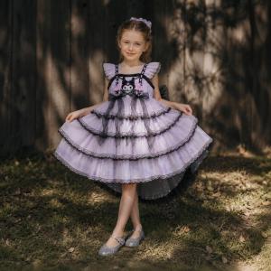 Purple Star Glitter Mesh Tutu Gown Sling Ruffle Strap Black Lace Layered Skirt Big Back Bow Irregular Hem Girls Cartoon Princess Dress For Kids Cosplay Birthday Outdoor Shoot