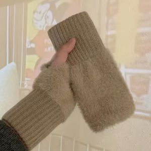 Winter Mink Fleece Half Finger Gloves Women Warm Plush Knitted Fingerless Gloves Wrist Mittens Writting Glove