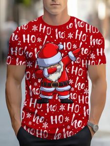 [Local Stock] HBESTY Halloween Christmas Red Casual O-Neck Outfit Men Clothing Funny Mens T-Shirts Santa Claus Christmas Oversized Short Sleeve with Snowflakes Print