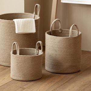 WENTIVV Cotton Linen Woven Dirty Laundry Basket Handmade Decorative Straw Wicker Rattan Storage Basket Creative Foldable Flower Pot Storage Basket for Home