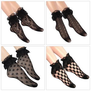 Fishnet lưới tất ngắn cổ đến mắt cá chân với hollowout hình hình học và Ruffle frilly viền ren cho phụ nữ Đầm đen vớ