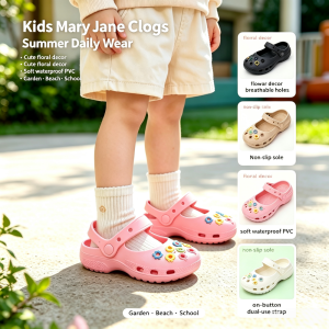 AILEBE Kids Slippers Cute Mary Jane Floral Print Breathable Hole Clog Sandals Soft Lightweight Waterproof PVC Non Slip Sole Classic Strap Easy On Off Perfect For Beach Pool Daily Wear Bata Tsinelas For Boys Girls 0-8 Years