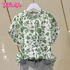 Yitiaoyu Womens Shirt Floral Chiffon Blouse Stand Collar Short Sleeve Shirt
