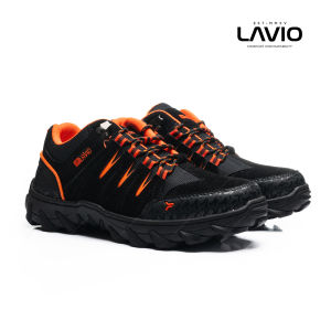 Sepatu Bot Pria Lavio Kulit Sintetis Gaya Bisnis Hitam dengan Aksen Orange