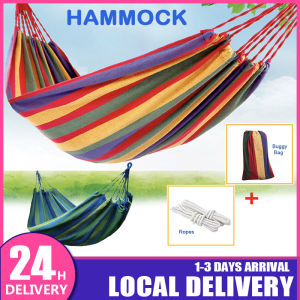 Portable Rainbow Hammock Breathable Canvas Cotton Fabric Travel Camping Striped Hammocks Indoor Backyard Garden Tree Swing Sturdy Durable Hanging Nap Bed Chair Lightweight Beach Relax Hang Beds With Carrying Bag