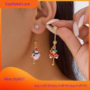 READY STOCK✨ Asymmetric Moving Santa Claus Christmas Tree Drop Earrings For Women Zircon Star Snowman Bell Long Tassel Earring Party Jewerly