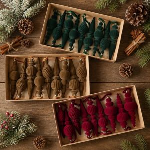 WARM 9Pcs Solid Color Flocked Finial Christmas Ball Vintage Shatterproof Velvet Christmas Ball Set Elegant Conical Shape Long Finial Hanging Ornaments Christmas Party