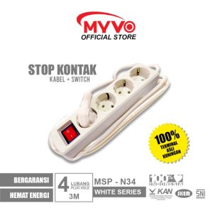 MYVO Stop Kontak 4 Lubang 3 Meter MSP-N34 Putih Asli Kuningan
