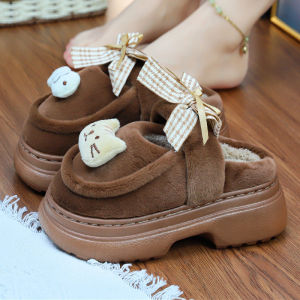 Womens warm designer cat fish slides luxury cotton home shoes woman platform mules lady shoes 6 cm height thick winter slippers