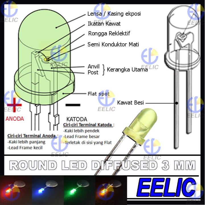 EELIC LED-D3MM isi 5 Pcs Round led diffused 3 mm light emitting diode 2 kawat anoda katoda