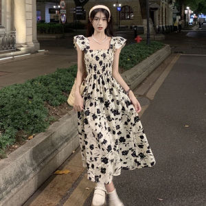 🌟CORE🌟dresses women new style 2025 Korean fashion skirt Square Neck Fragmented Flower Dress Retro Long Dress Women Bubble Sleeve Dress 2️⃣0️⃣2️⃣5️⃣