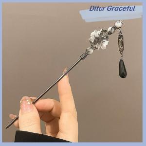 Ditur Retro Chinese Style Flower Hairpin Ink Colored Flower Tassel Hair Stick For Women Elegant Ponytail Holder Jewelry Hair Accessory