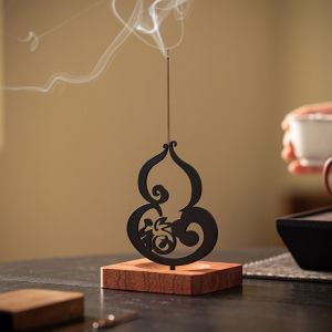 RANZH FU Character Lucky Words Mosquito Incense Plate Holder Anti-Ash Design Gourd Incense Burner Incense Holder Multifunctional Wooden Sandalwood Storage Rack Meditation