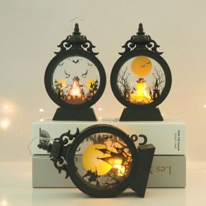 MKEB Portable 1 pcs CastlePumpkinWitch Pattern for HomePartyBar Hanging Ornament LED Candle Lamp Halloween Party Layout Vintage Lantern Halloween Decor Small Wind Light