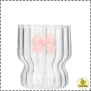 MaxPlus【Ready in Stock】 300ml Cute Bow Shaped Glass Cup Coffee Cup Transparent Cold Drink Ice Cream Cup Mug