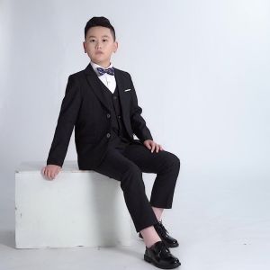 lontakids 5PCs Kids Boys Plus Size Blazer Suit (Jacket+Pants+Waistcoat+Shirt+Tie) Black Gray Coat Formal Wedding Attire Birthday Party Tuxedo Gentleman Clothing Set