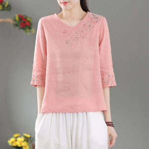 CYCX Summer Chinese Style Button Embroidery Shirt for Women Artistic Retro Cotton Linen 3/4 Seven Sleeve Top for Women