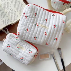 Retro Cherry Cosmetic Bags for Women Quilted Cotton Travel Storage Bag Cute Makeup Storage Organizer Pouch Girls Pencil Case Tote Handbags