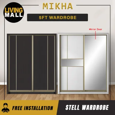 Living Mall Mikha Series 5FT 2-Door Sliding Door Wardrobe in White Wash or Walnut in 5 Design