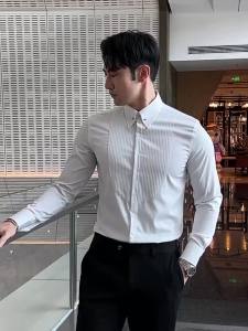 Neckline Metal Decorative Design Men Shirt Fashion Pleated Striped Long Sleeve Slim Business Social Tuxedo Shirt Mens Clothing2026