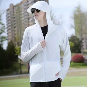 Mens white long sleeved ice silk sun protection suit Mens summer thin outdoor breathable jacket Fishing sun protection suit UV resistant cycling clothes