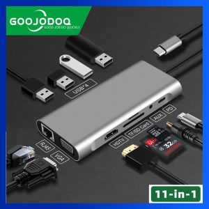 GOOJODOQ USB Type C Hub 11 In 1 RJ 45 Connector VGA Cable Display Port To HDMI 4K Lan Ethernet HDTV PD TF Card SD Card AUX 3.5mm