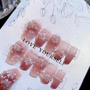 IKAN Stiker Kuku Glitter High-end Seni Kuku Bunga Dan Mutiara 3D Kuku Yang Dapat Dilepas Dan Dipakai