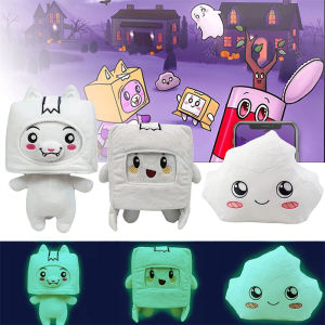 Newest Glow in the Dark Lankybox World Foxy & Boxy & Rocky Plush Toys Doll Double-Sided Reversible Removable Cartoon Robot Plush Turned Into A Doll Girl Bed Pillow Birthday Christmas Gift