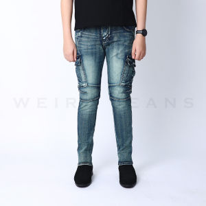 Weird Jeans - Cargo Elton Blue - Celana Jeans Cargo Panjang Pria Slim Fit Strech Polos Tanpa Sobek