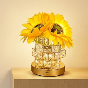 Romantic Sunflower Night Light Rechargeable Bedside Table Lamp Cordless Dimmable LED Desk Light Floral Decor Crystal Base Birthday Christmas Gifts for Mom Girls