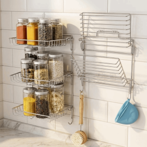 EDHO5 Stainless Steel Folding Storage Rack Wall Mounted Nail-Free Multi-layer Storage Rack Durable with Hooks Pot Lid Rack for Kitchen