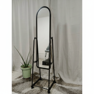 Metal Adjustable Angle Full Length Mirror Freestanding Dressing Mirror with Shelf and Wheels in a Bedroom Setting
