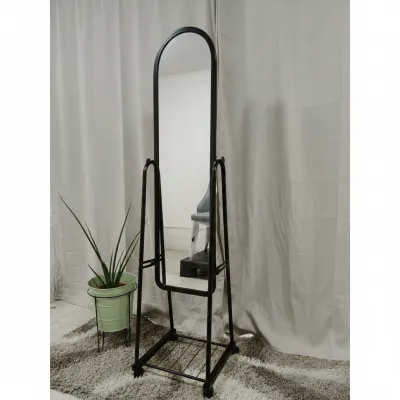 Metal Adjustable Angle Full Length Mirror Freestanding Dressing Mirror with Shelf and Wheels in a Bedroom Setting